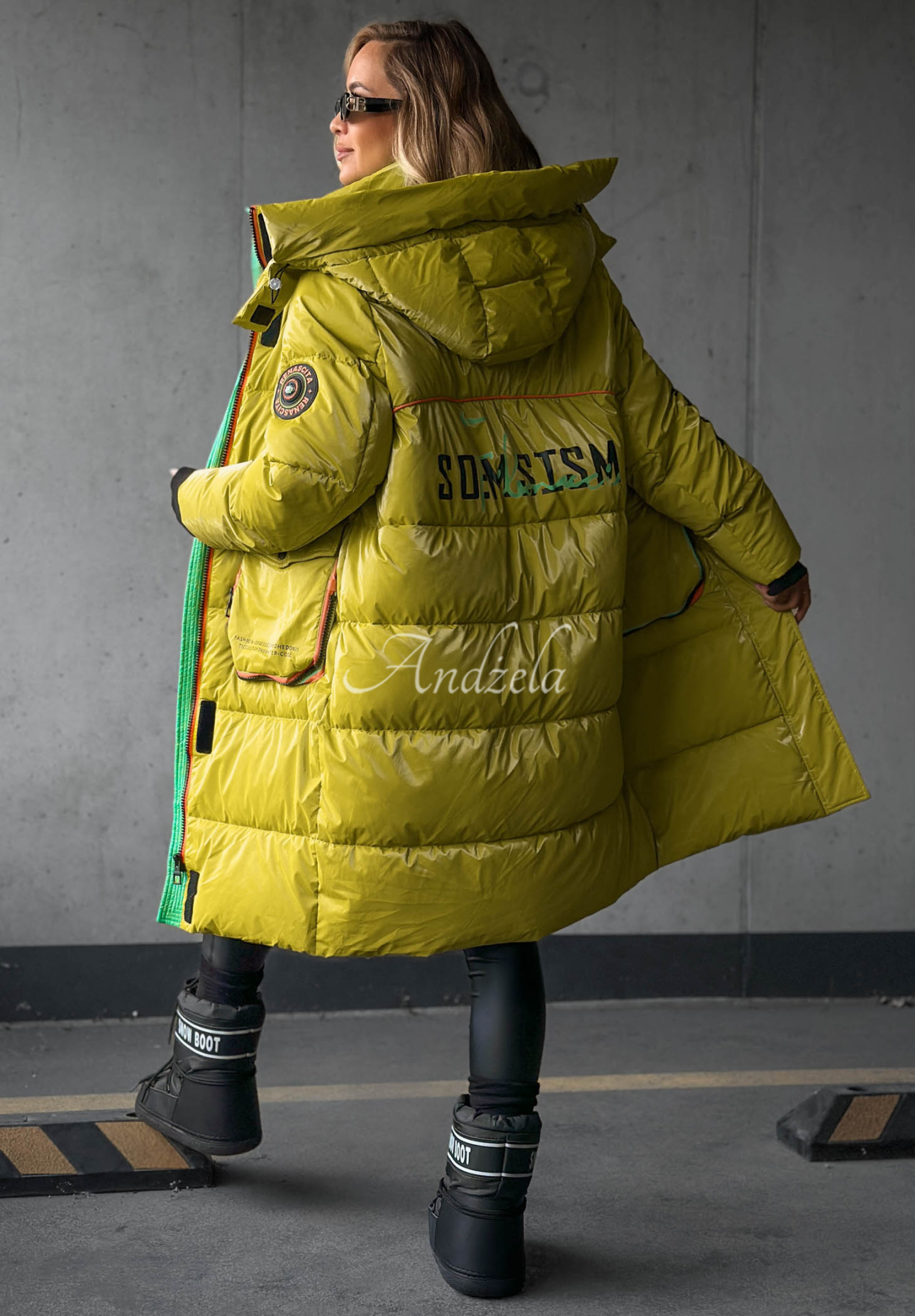 Lange Steppjacke mit Kapuze Silver Frost Limette