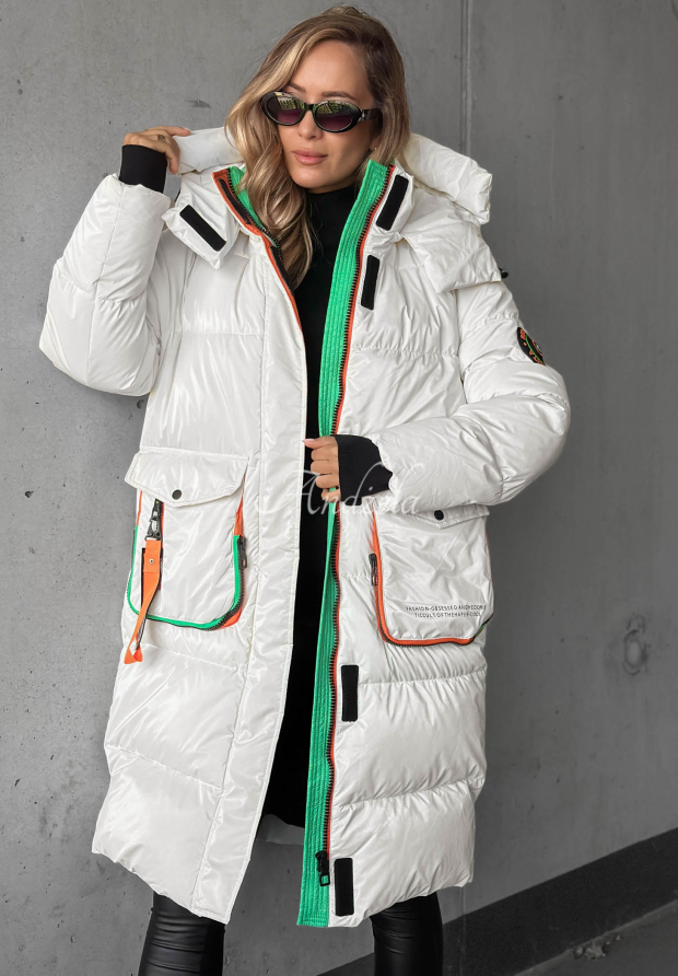 Lange Steppjacke mit Kapuze Silver Frost Wei&szlig;