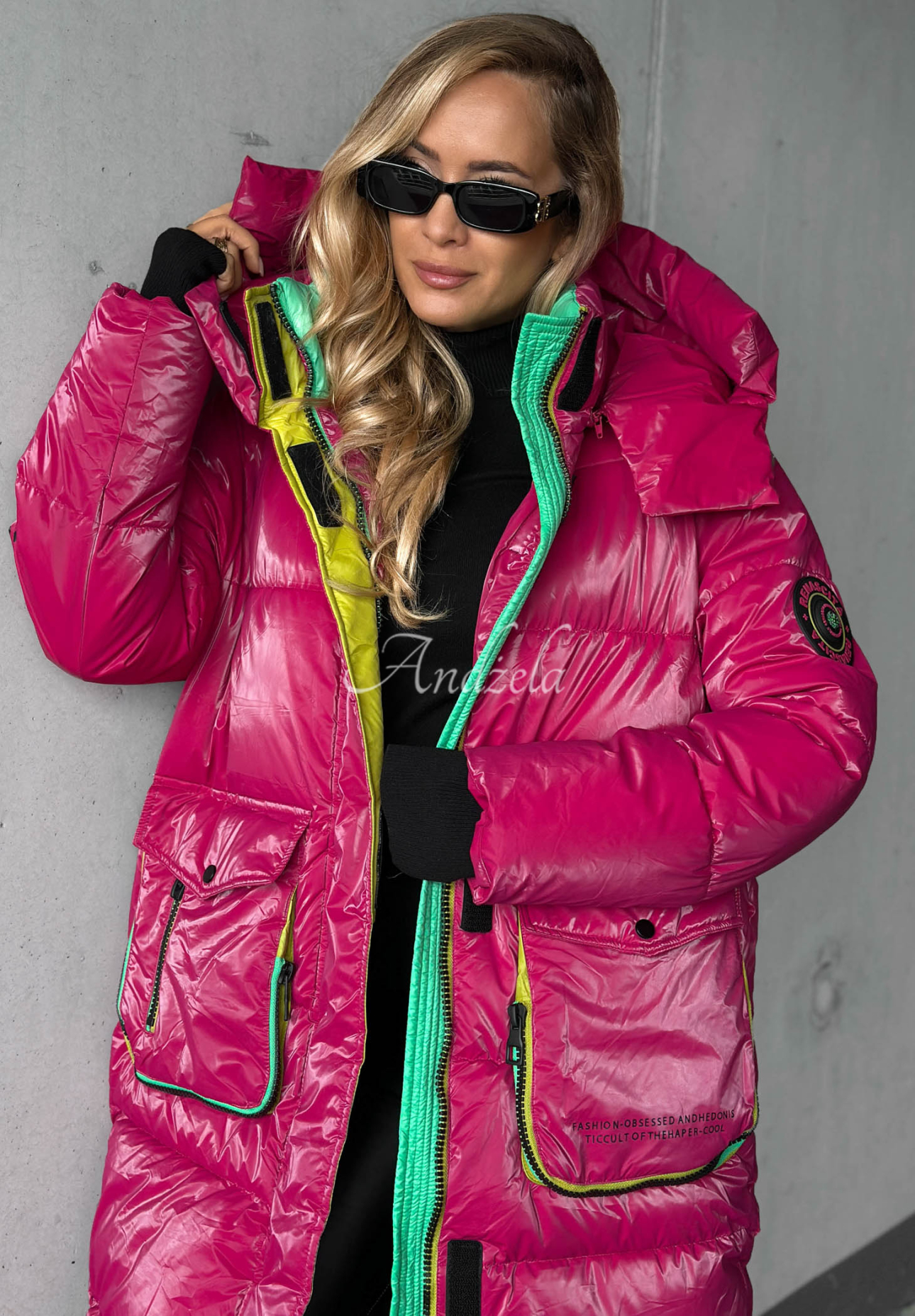 Lange Steppjacke mit Kapuze Silver Frost Fuchsia