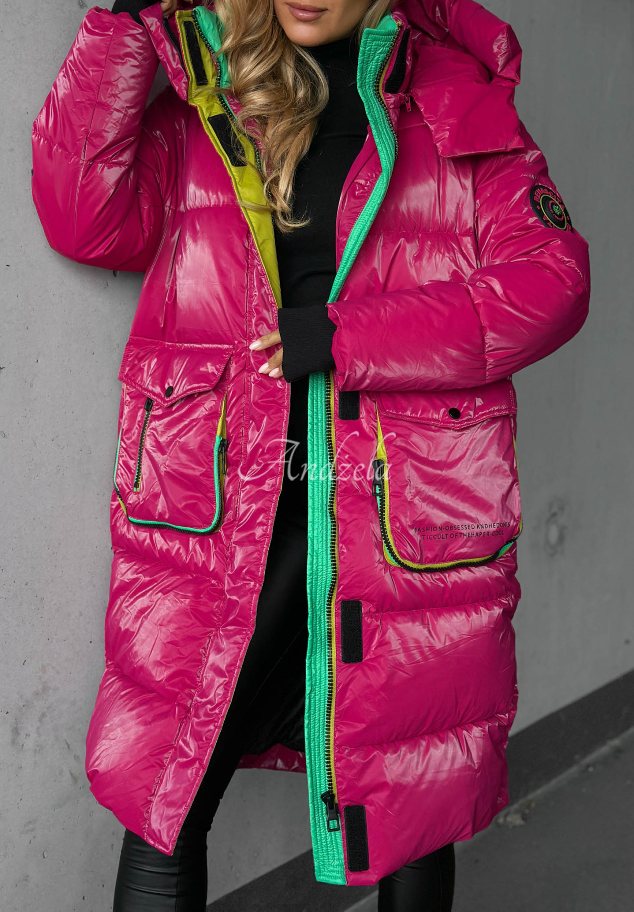 Lange Steppjacke mit Kapuze Silver Frost Fuchsia
