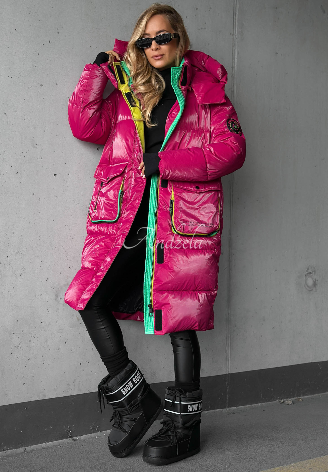 Lange Steppjacke mit Kapuze Silver Frost Fuchsia