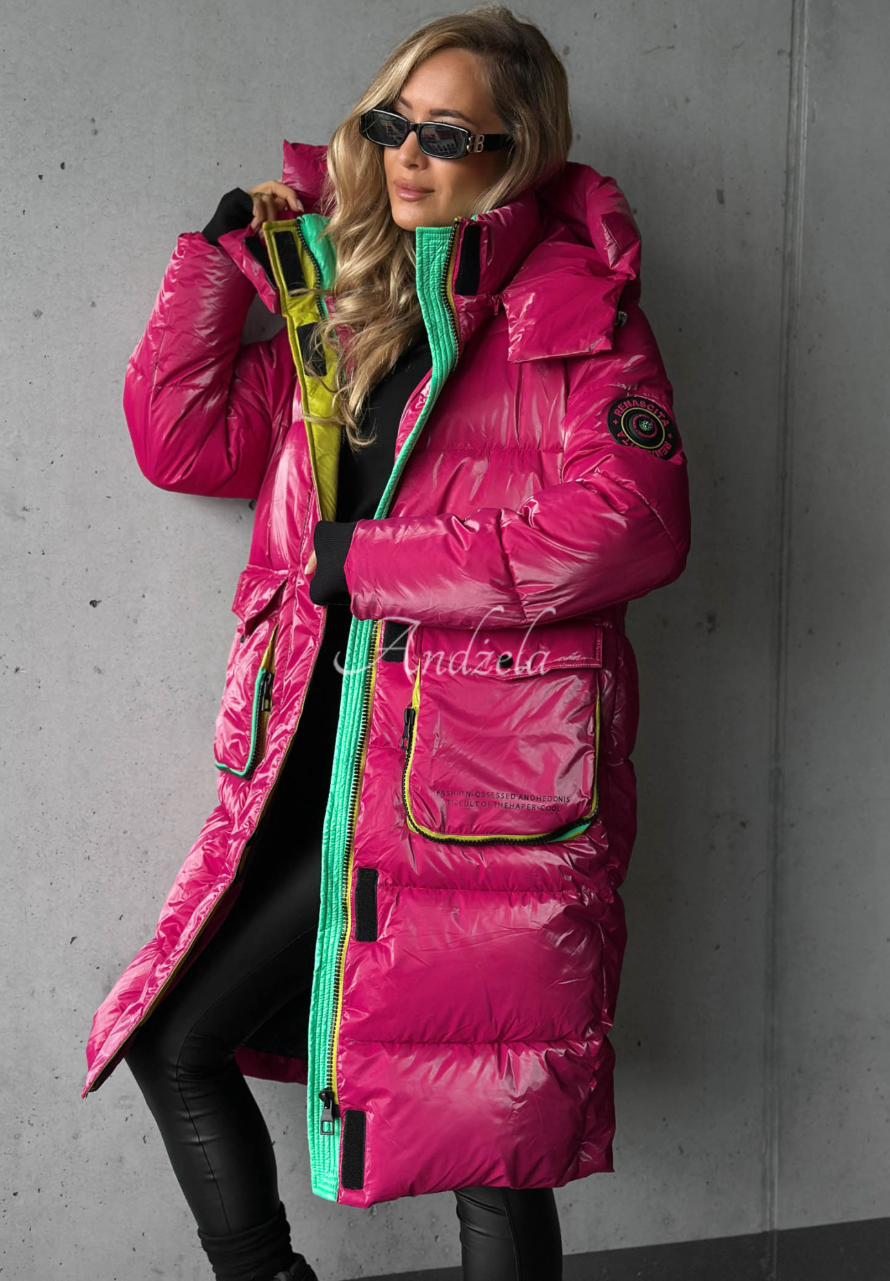 Lange Steppjacke mit Kapuze Silver Frost Fuchsia