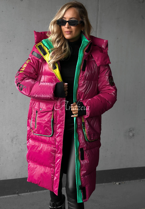 Lange Steppjacke mit Kapuze Silver Frost Fuchsia
