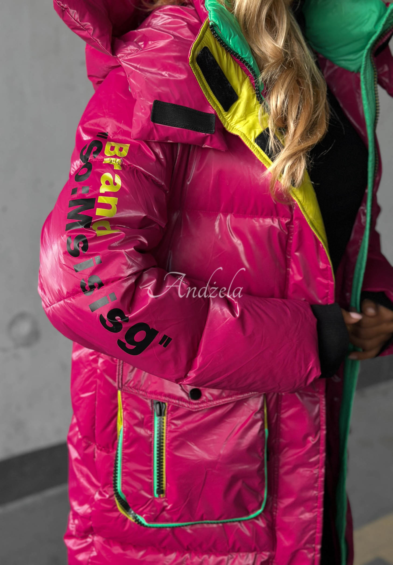 Lange Steppjacke mit Kapuze Silver Frost Fuchsia