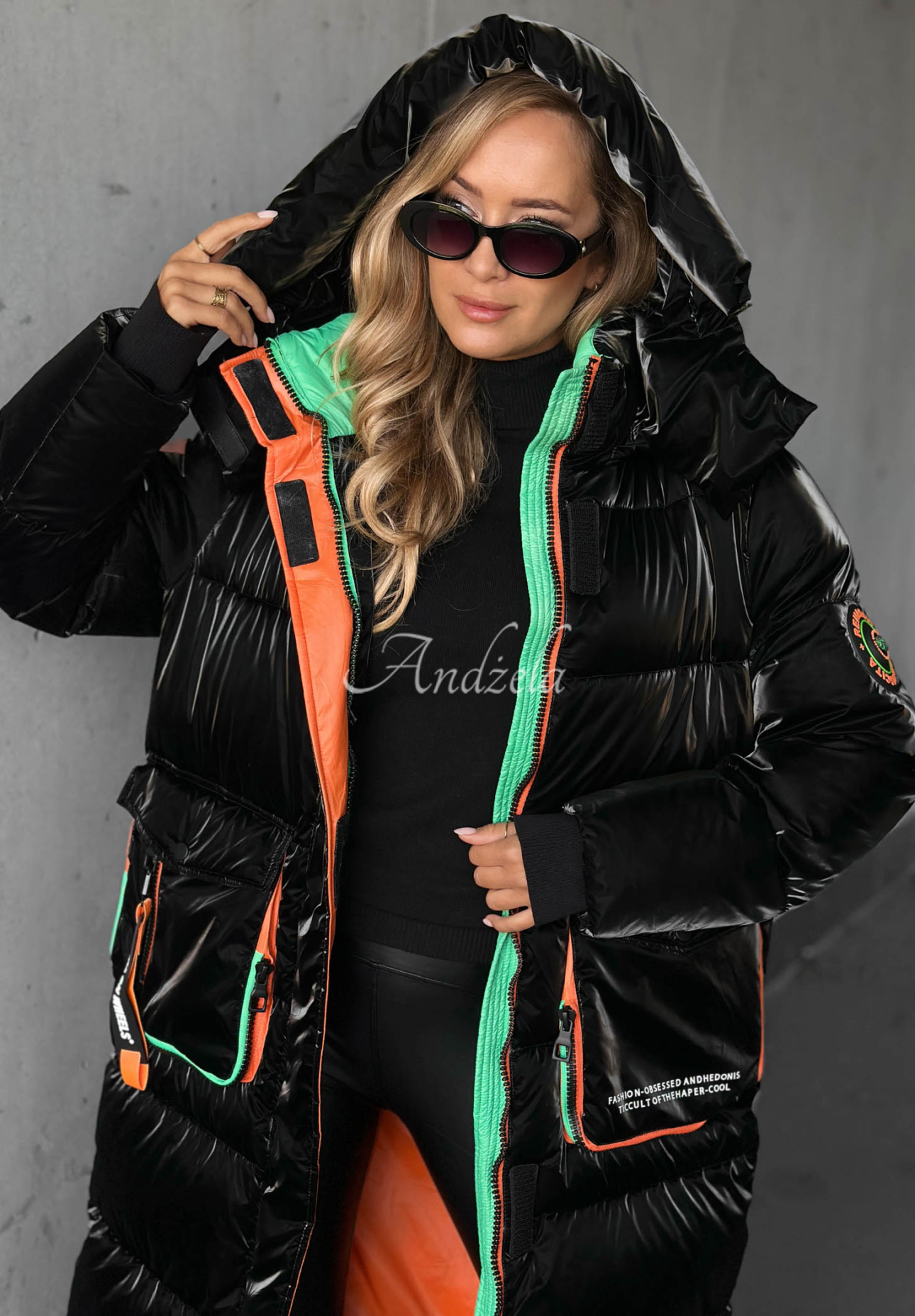 Lange Steppjacke mit Kapuze Silver Frost Schwarz