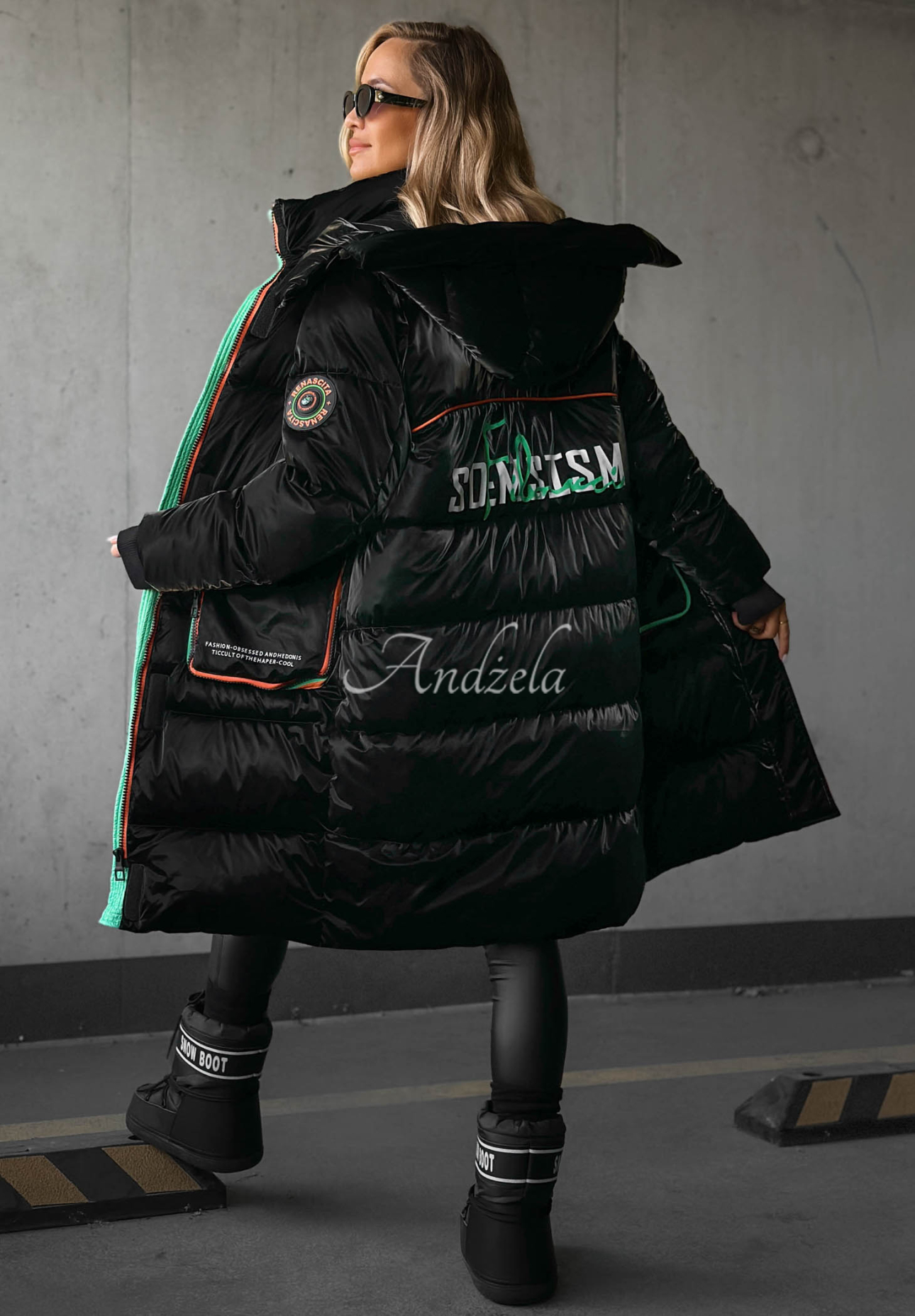 Lange Steppjacke mit Kapuze Silver Frost Schwarz