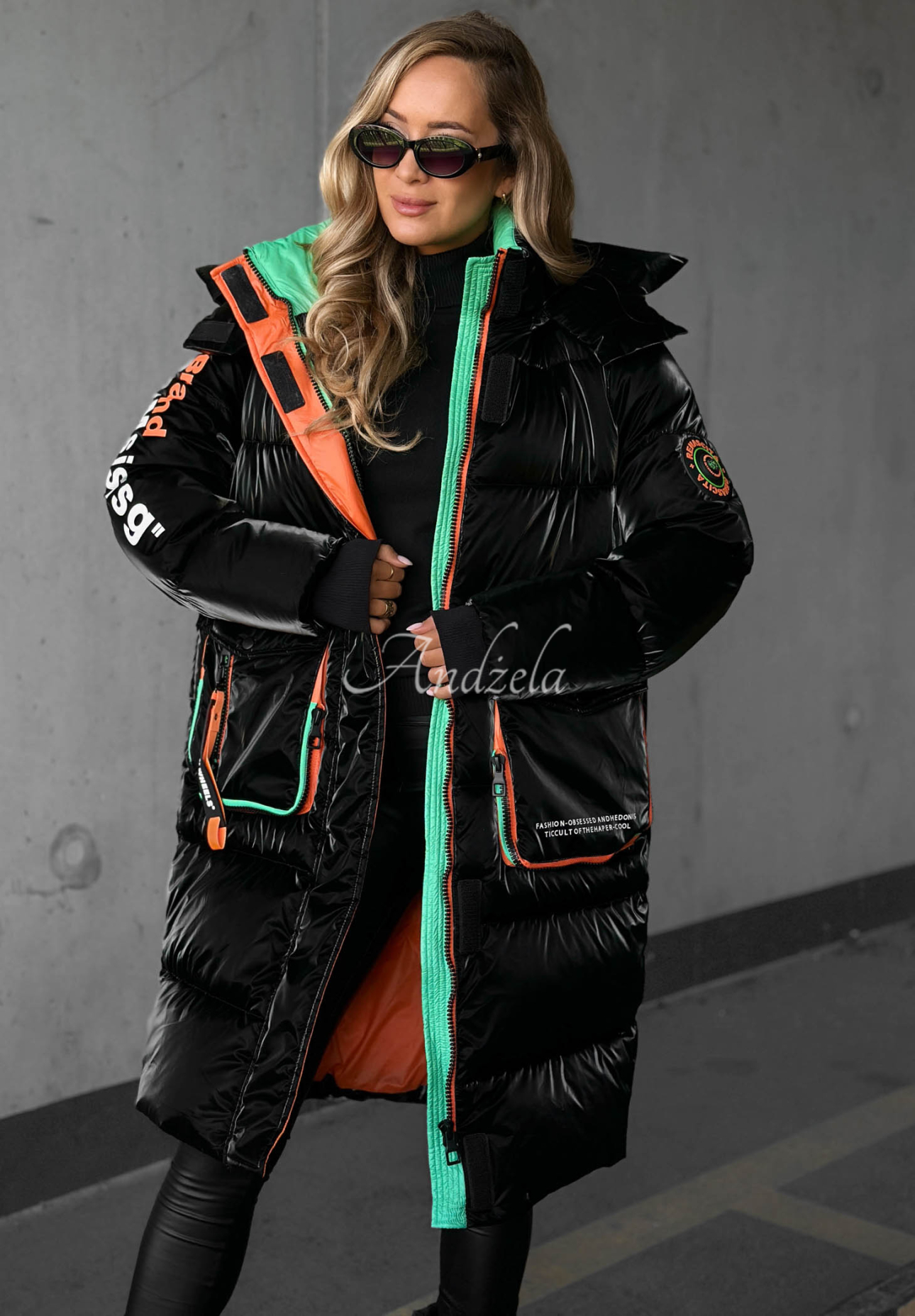 Lange Steppjacke mit Kapuze Silver Frost Schwarz