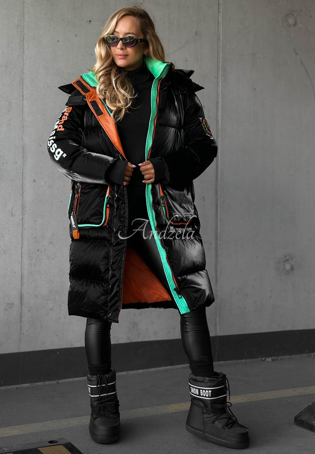 Lange Steppjacke mit Kapuze Silver Frost Schwarz