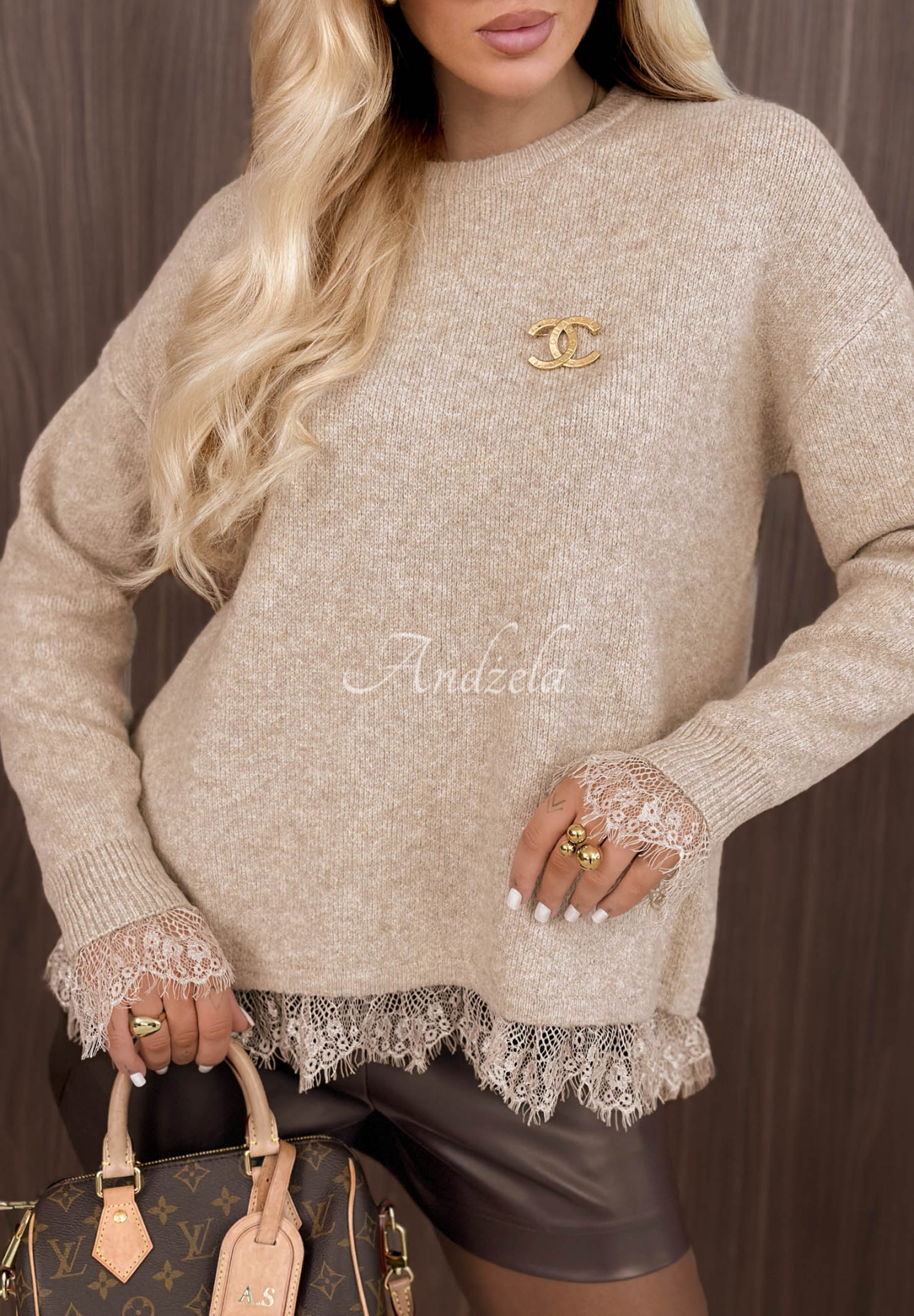Oversize-Pullover mit Wolle und Spitze Cozy Softness Beige