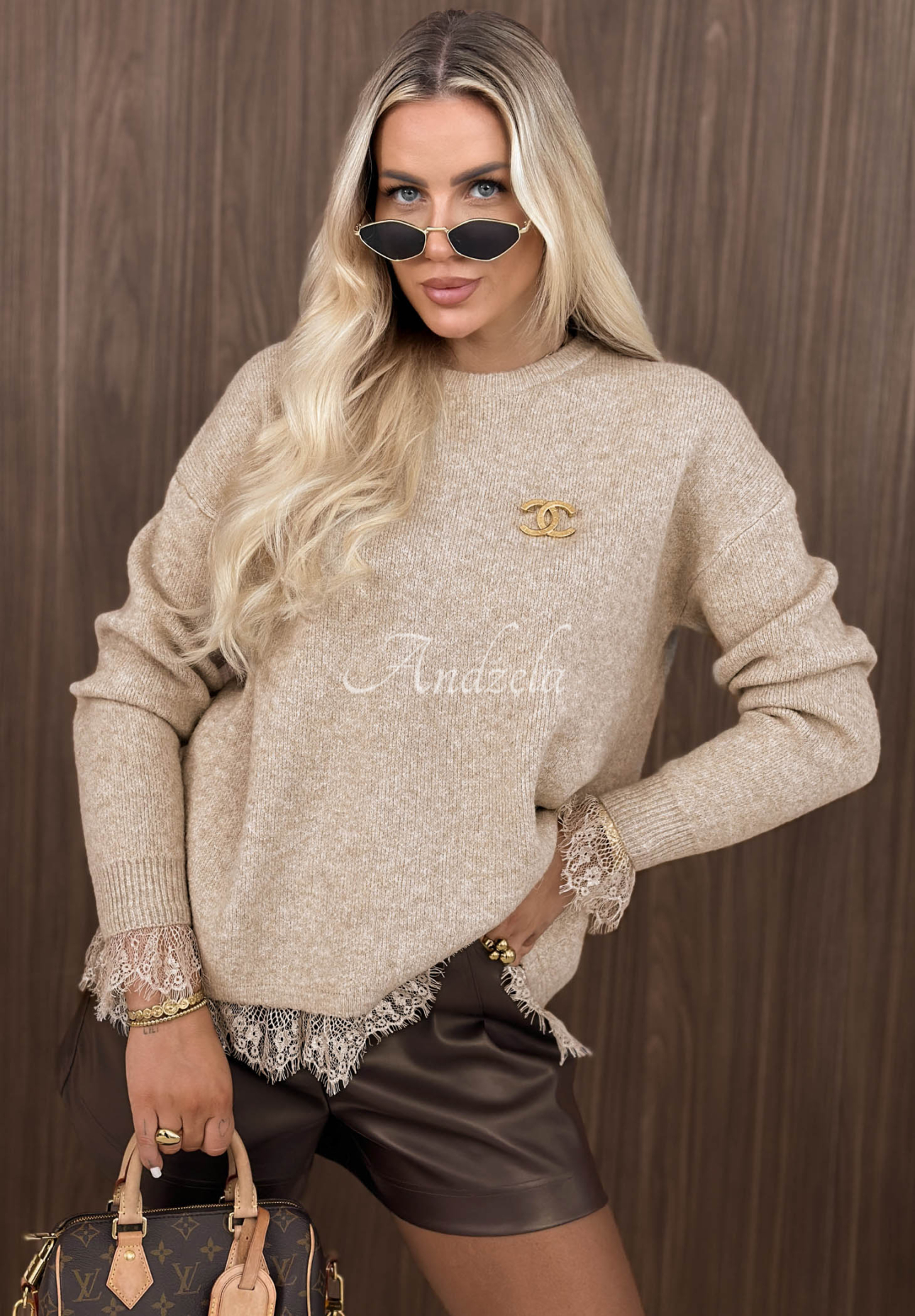 Oversize-Pullover mit Wolle und Spitze Cozy Softness Beige