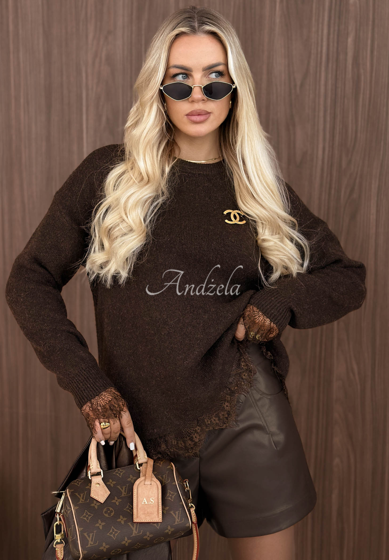 Oversize-Pullover mit Wolle und Spitze Cozy Softness Schokoladenbraun