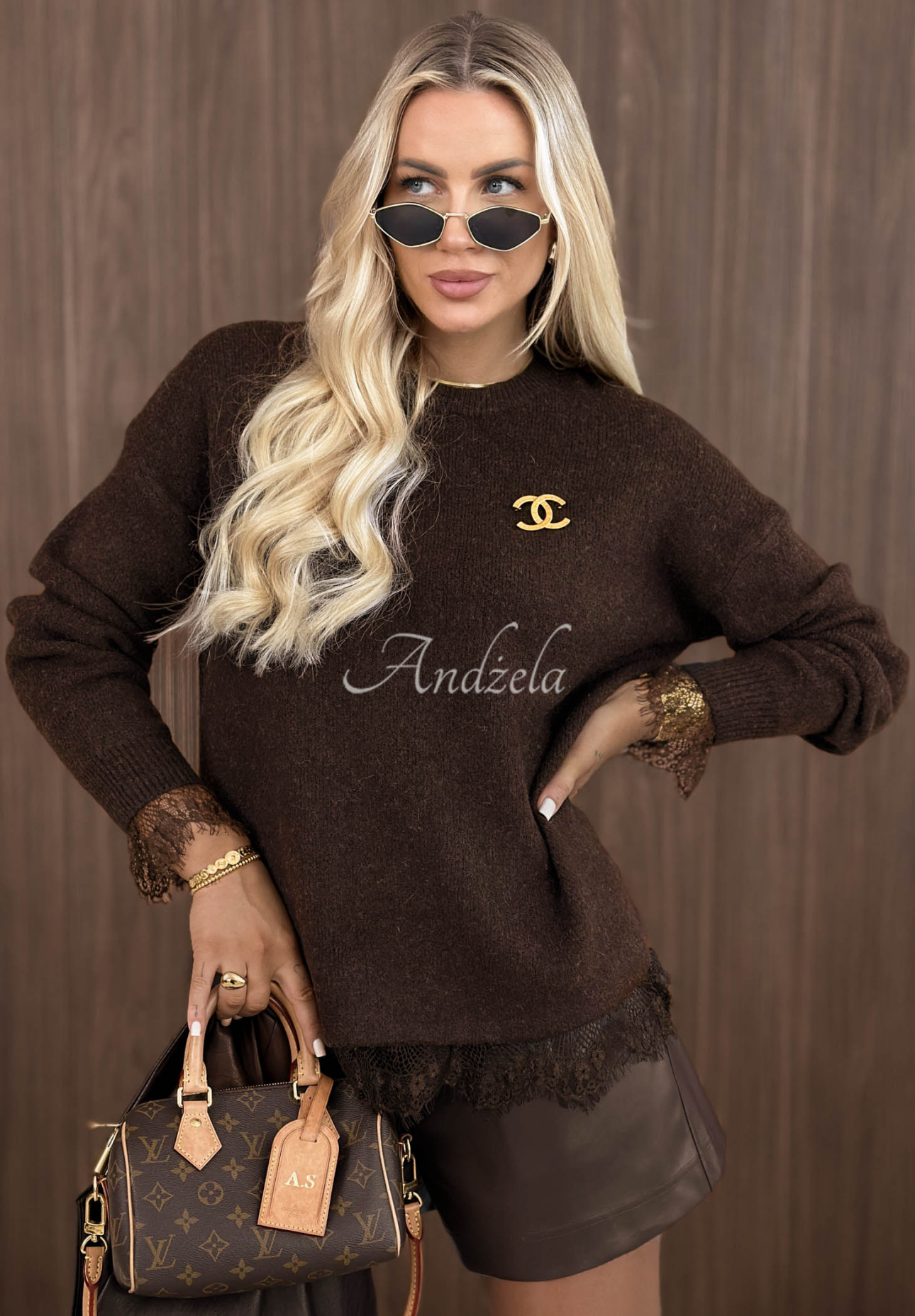 Oversize-Pullover mit Wolle und Spitze Cozy Softness Schokoladenbraun