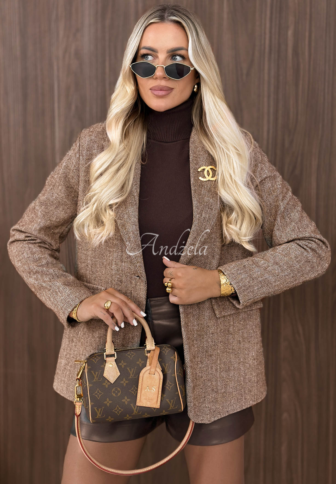 Blazer mit Fischgrätenmuster, Viskose und Wolle Femme Authority Beige