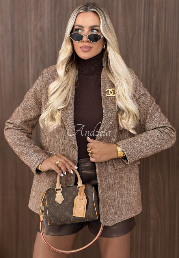 Blazer mit Fischgr&auml;tenmuster, Viskose und Wolle Femme Authority Beige