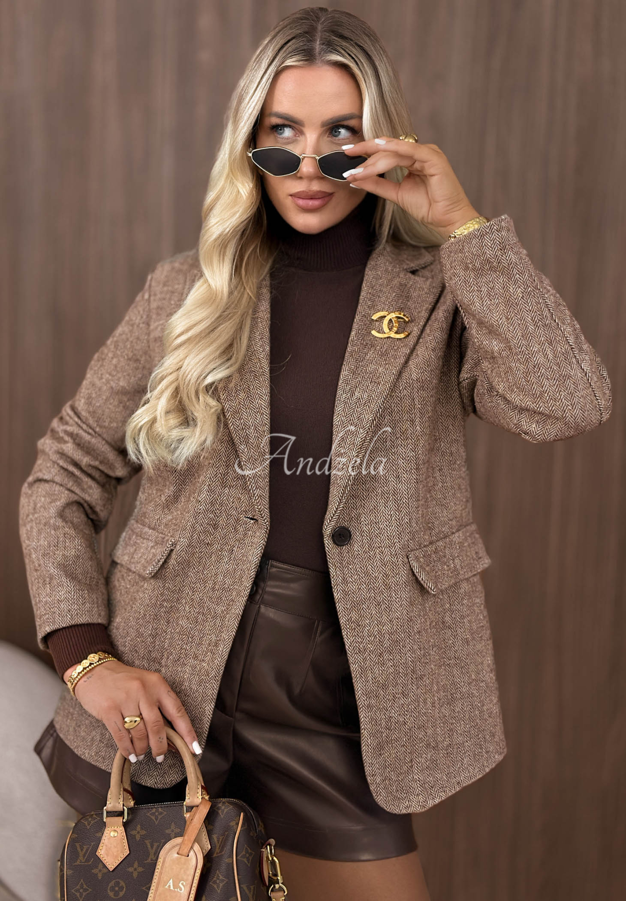 Blazer mit Fischgrätenmuster, Viskose und Wolle Femme Authority Beige
