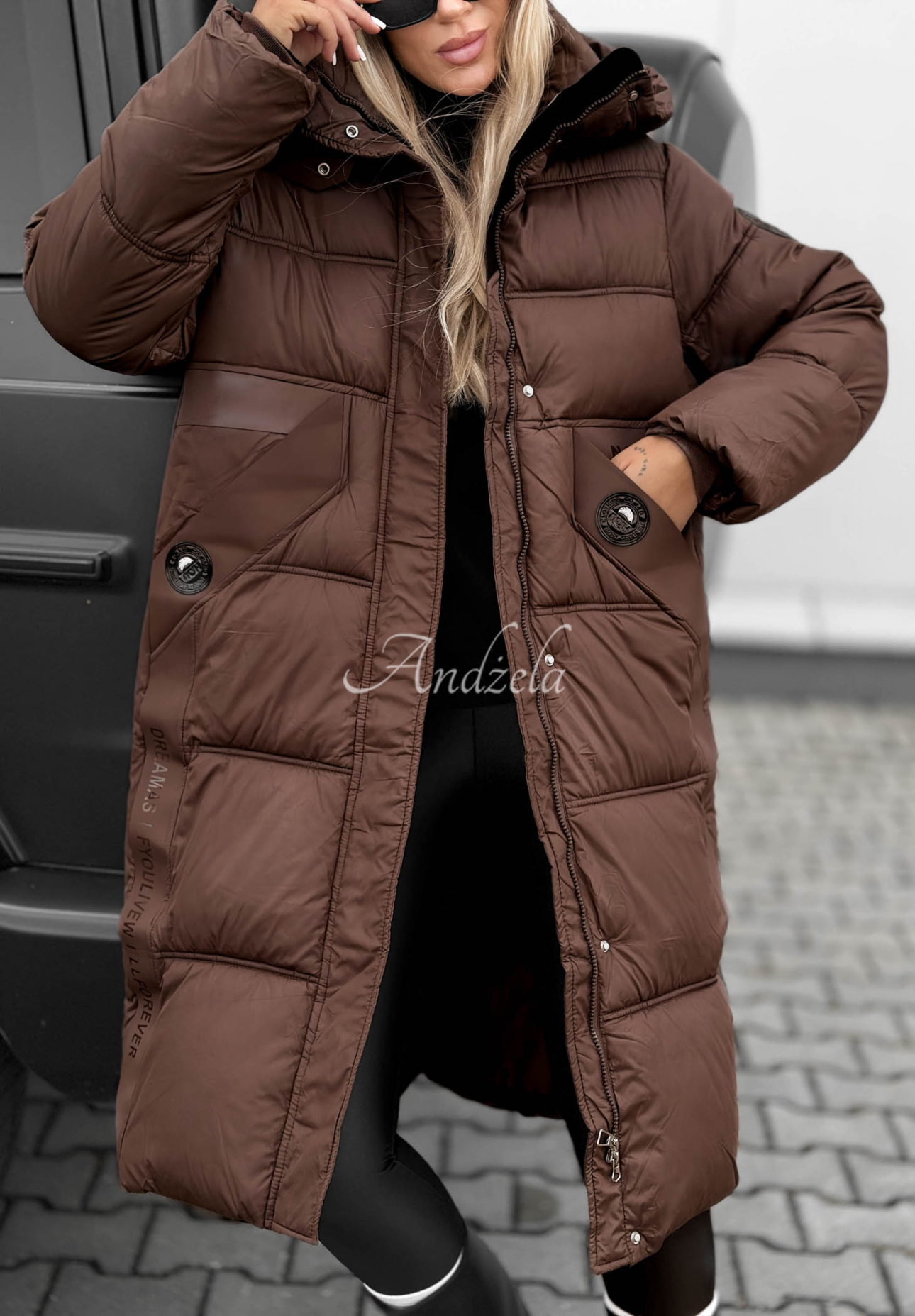 Lange, gesteppte Jacke mit Kapuze Forest Essence Schokoladenbraun