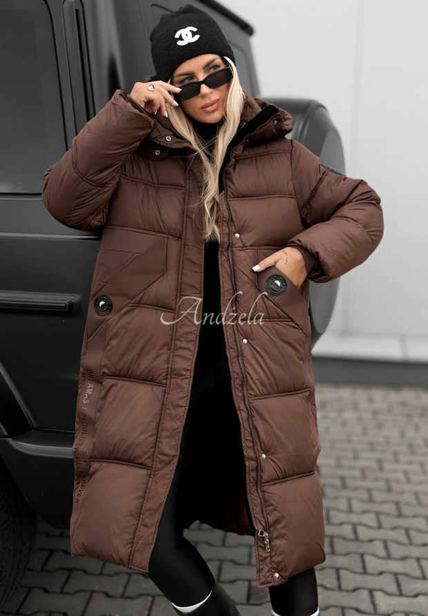 Lange, gesteppte Jacke mit Kapuze Forest Essence Schokoladenbraun