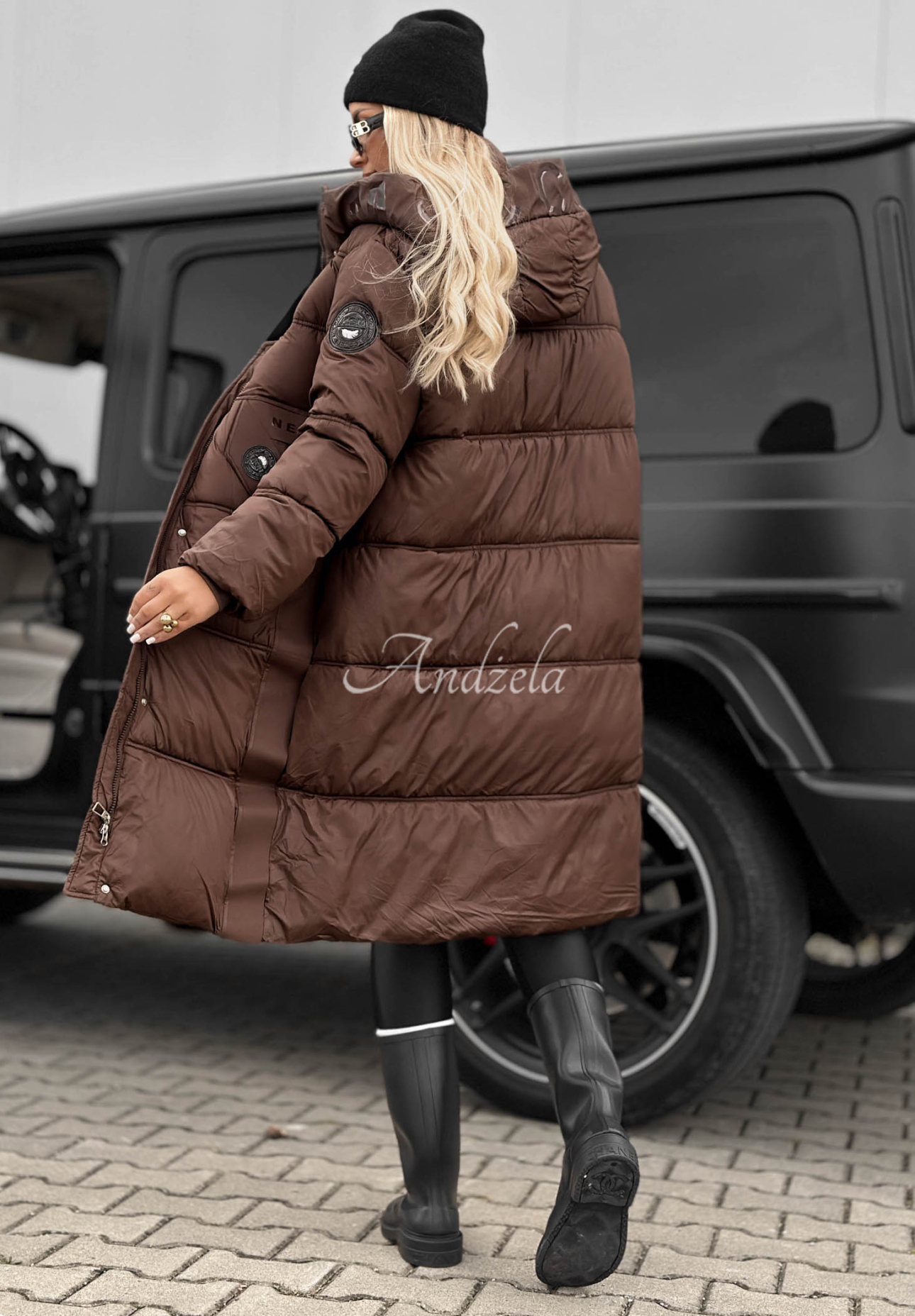 Lange, gesteppte Jacke mit Kapuze Forest Essence Schokoladenbraun