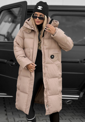 Lange, gesteppte Jacke mit Kapuze Forest Essence Beige