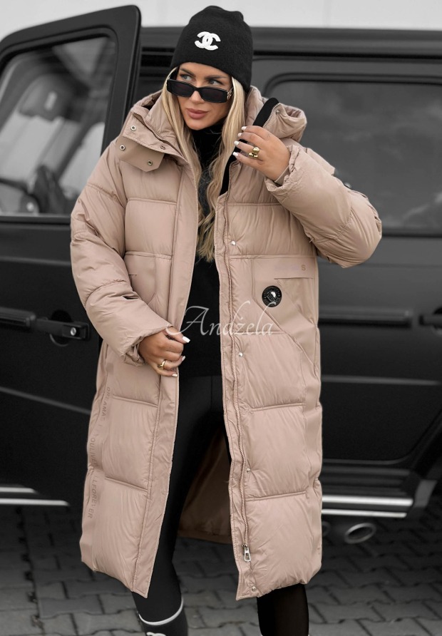Lange, gesteppte Jacke mit Kapuze Forest Essence Beige
