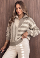 Pullover w paski z rozpinanym kołnierzem Cozy Stripe Beige