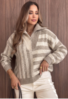 Pullover w paski z rozpinanym kołnierzem Cozy Stripe Beige