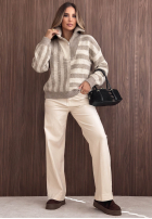 Pullover w paski z rozpinanym kołnierzem Cozy Stripe Beige