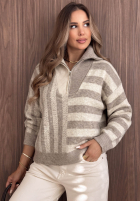 Pullover w paski z rozpinanym kołnierzem Cozy Stripe Beige