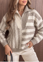 Pullover w paski z rozpinanym kołnierzem Cozy Stripe Beige