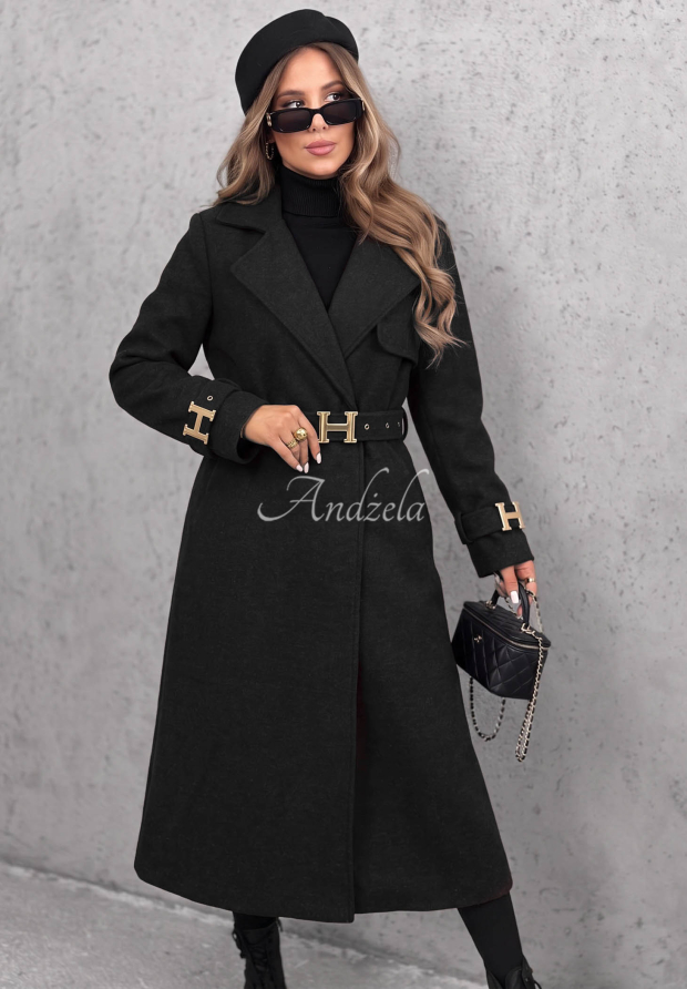 Langer Mantel mit G&uuml;rtel Hazel Heart Schwarz
