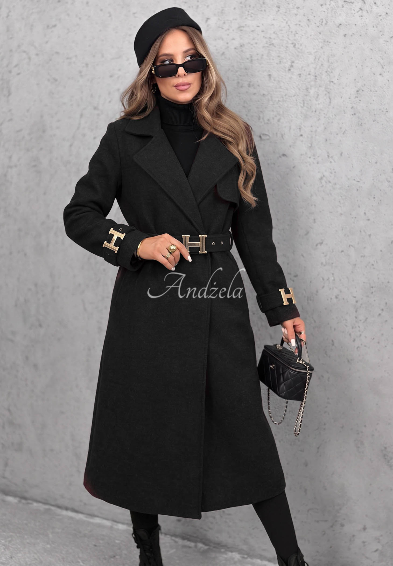 Langer Mantel mit Gürtel Hazel Heart Schwarz