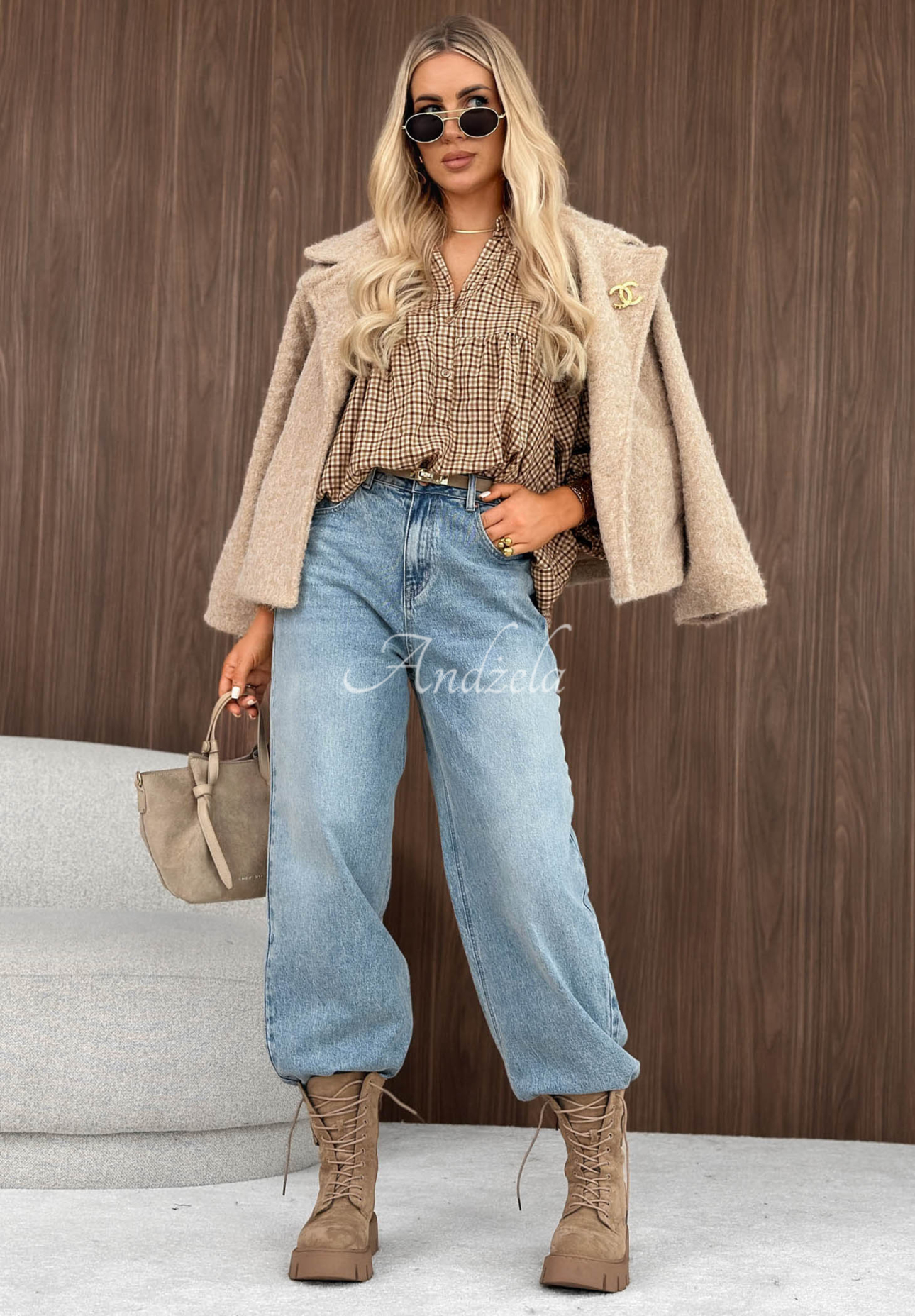 Oversize-Hemd mit kariertem Muster aus Baumwolle Cinnamon Sugar Beige