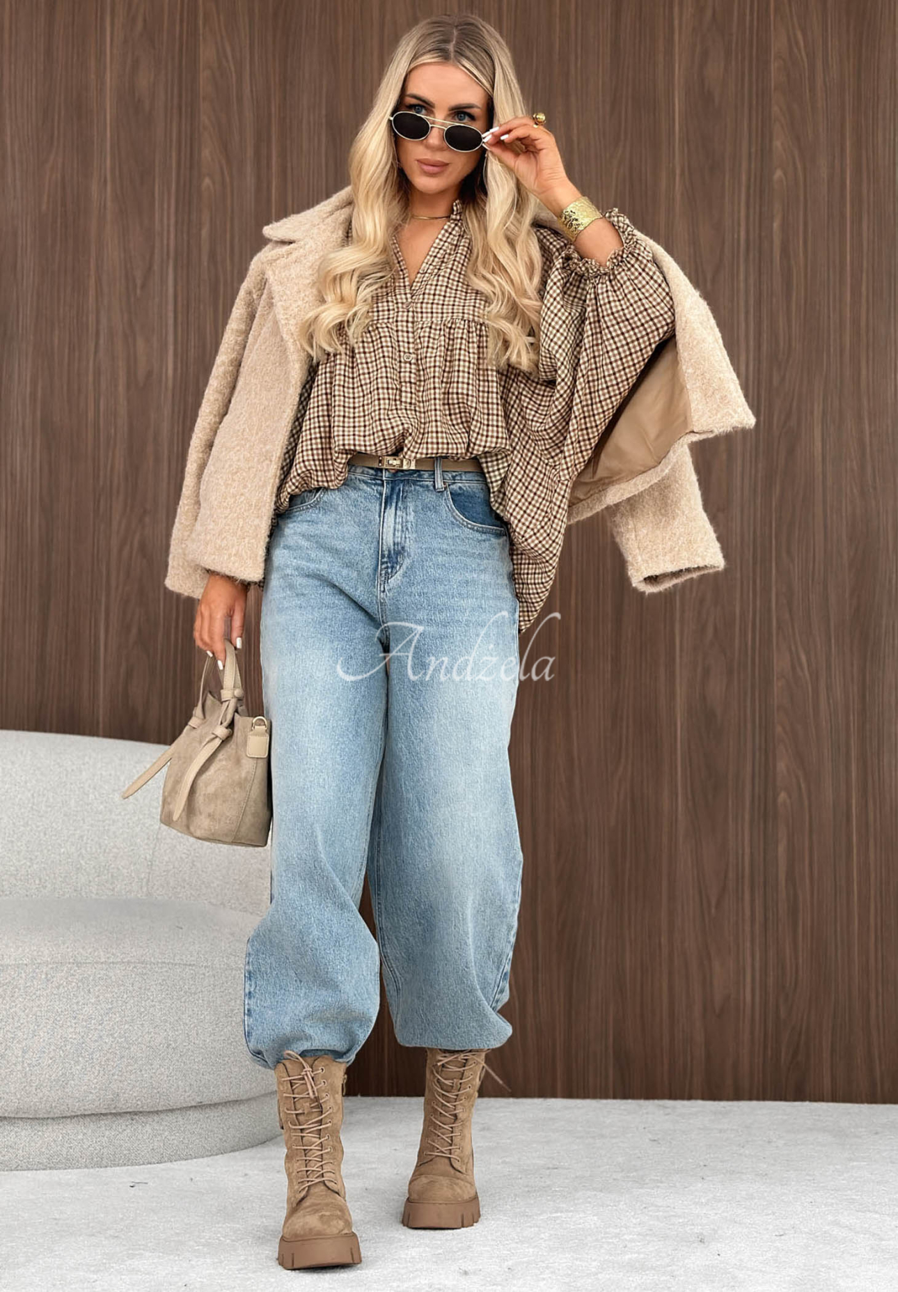 Oversize-Hemd mit kariertem Muster aus Baumwolle Cinnamon Sugar Beige