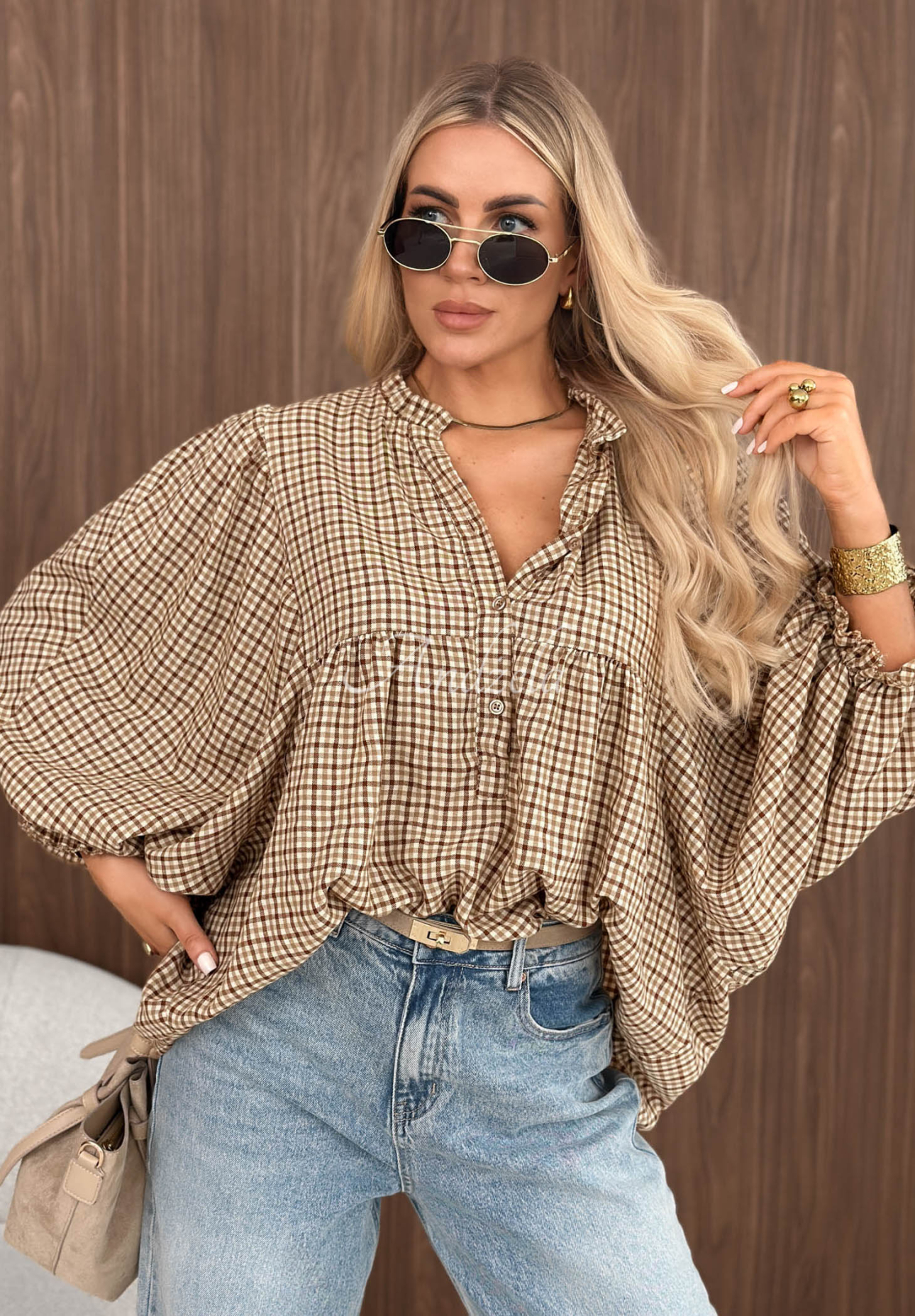 Oversize-Hemd mit kariertem Muster aus Baumwolle Cinnamon Sugar Beige