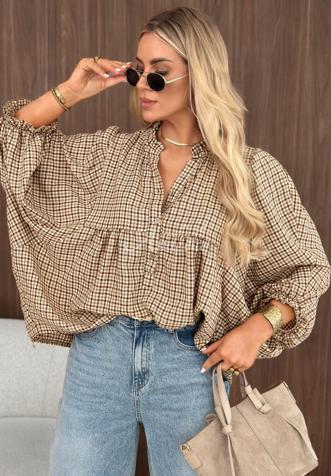 Oversize-Hemd mit kariertem Muster aus Baumwolle Cinnamon Sugar Beige
