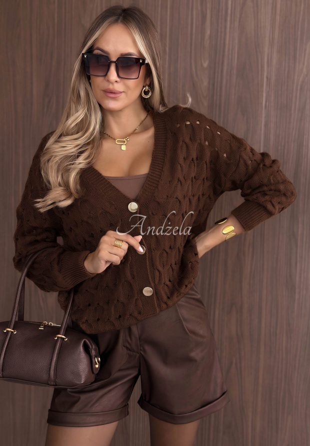 Kurzer, durchbrochener Cardigan mit Verschluss Knit Haven Camel
