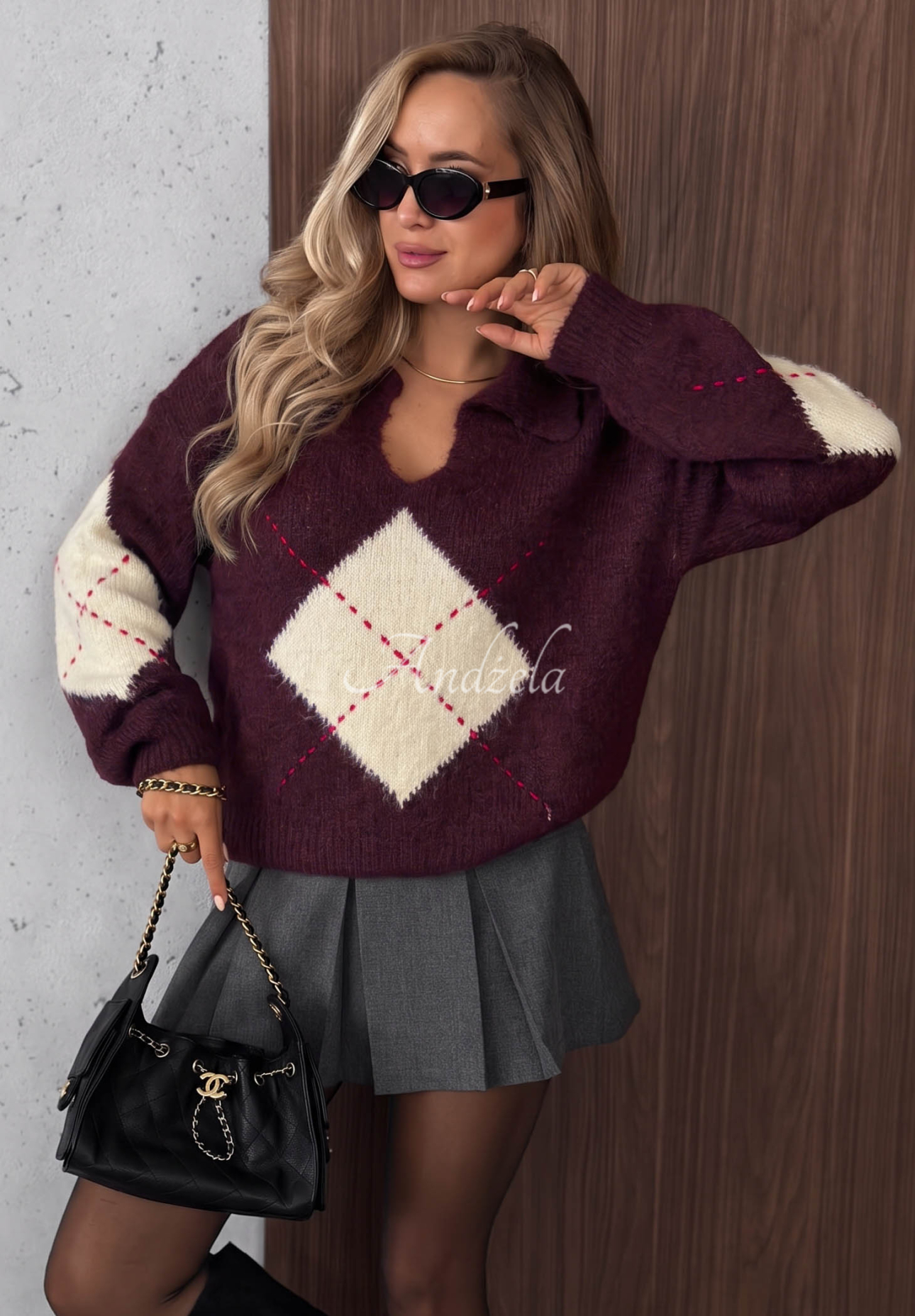 Pullover mit Rautenmuster aus Wolle und Viskose Late Romance Beerenfarben