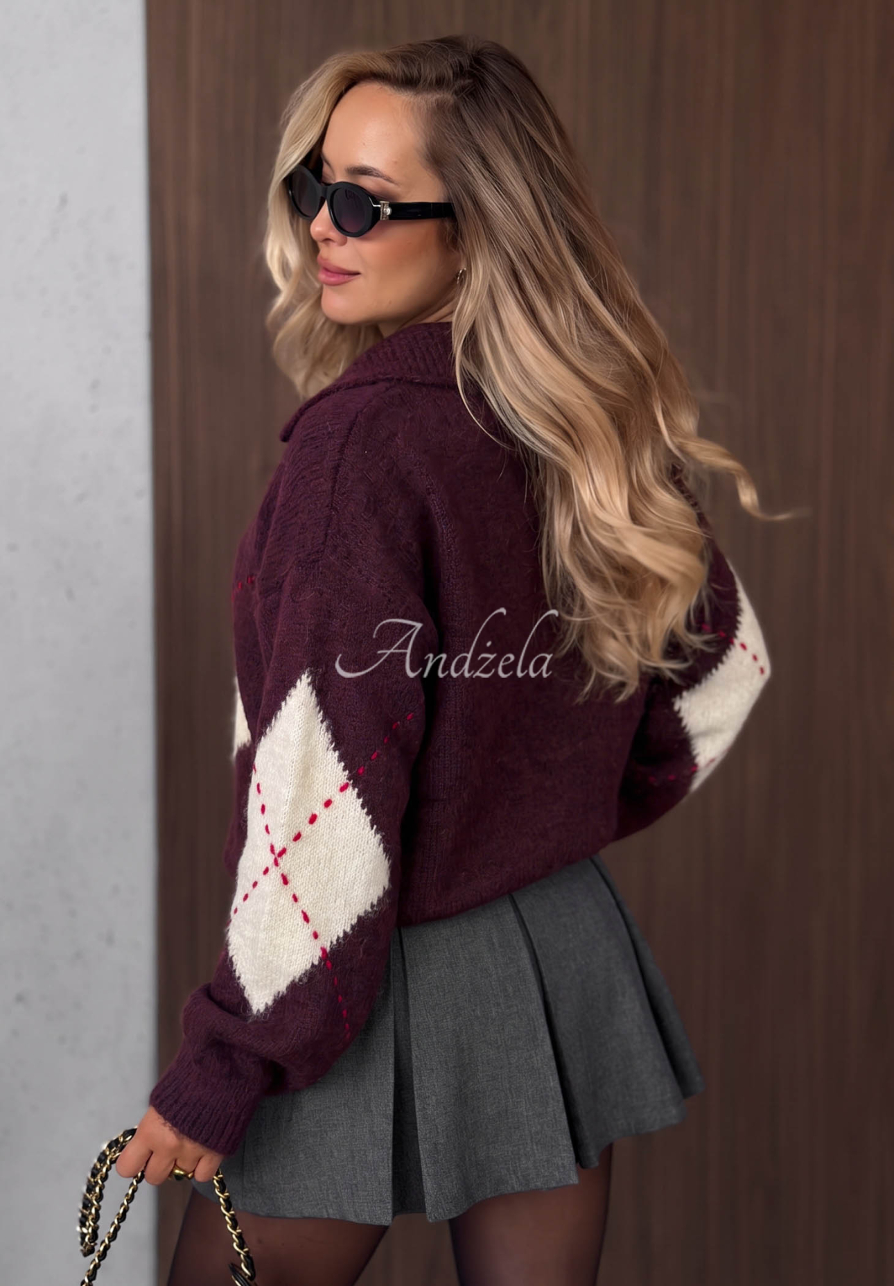 Pullover mit Rautenmuster aus Wolle und Viskose Late Romance Beerenfarben