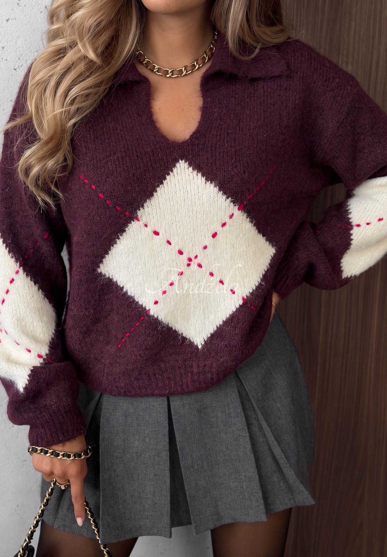 Pullover mit Rautenmuster aus Wolle und Viskose Late Romance Beerenfarben
