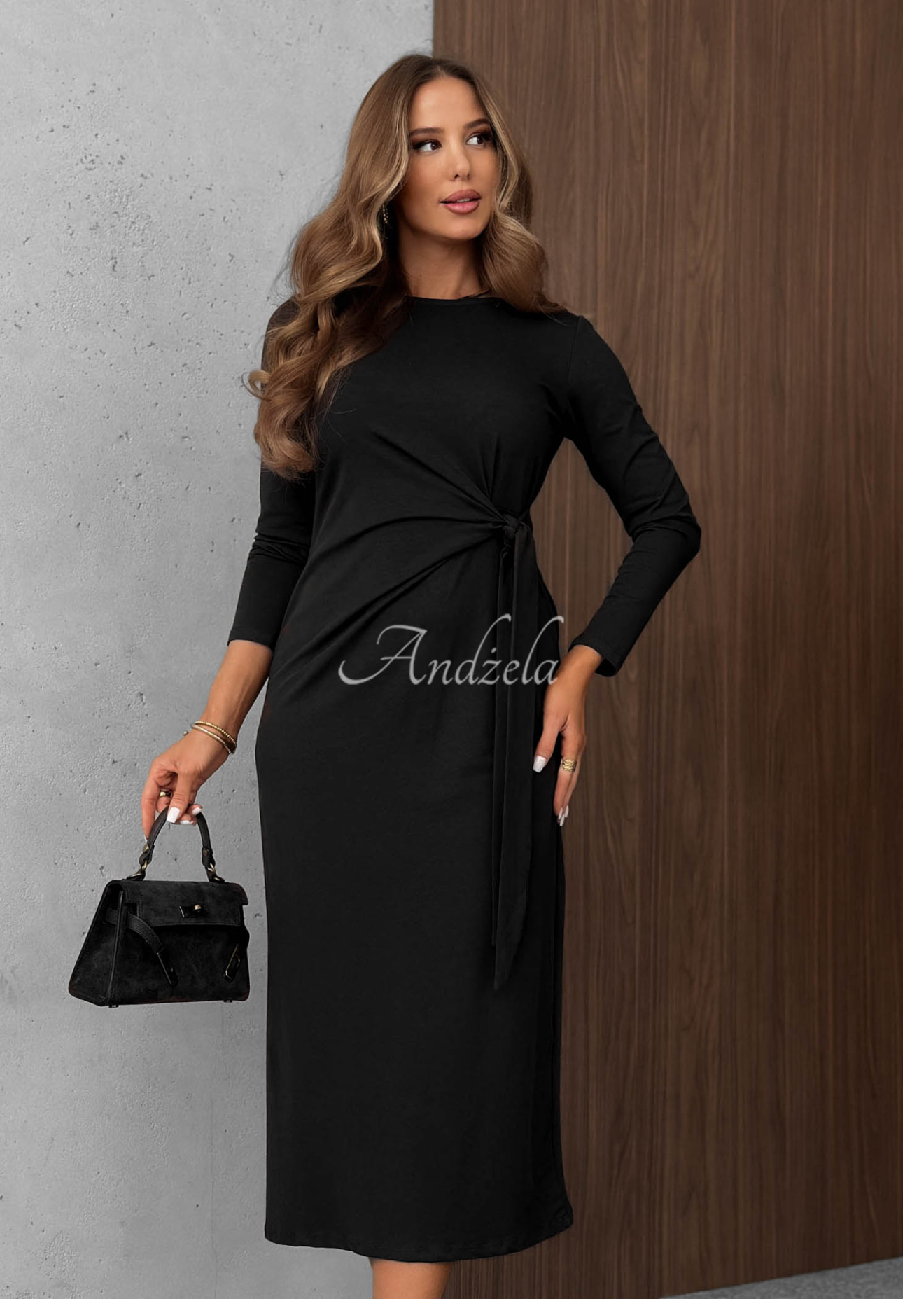 Langärmliges Baumwollkleid mit Bindeband Misty Memories Schwarz