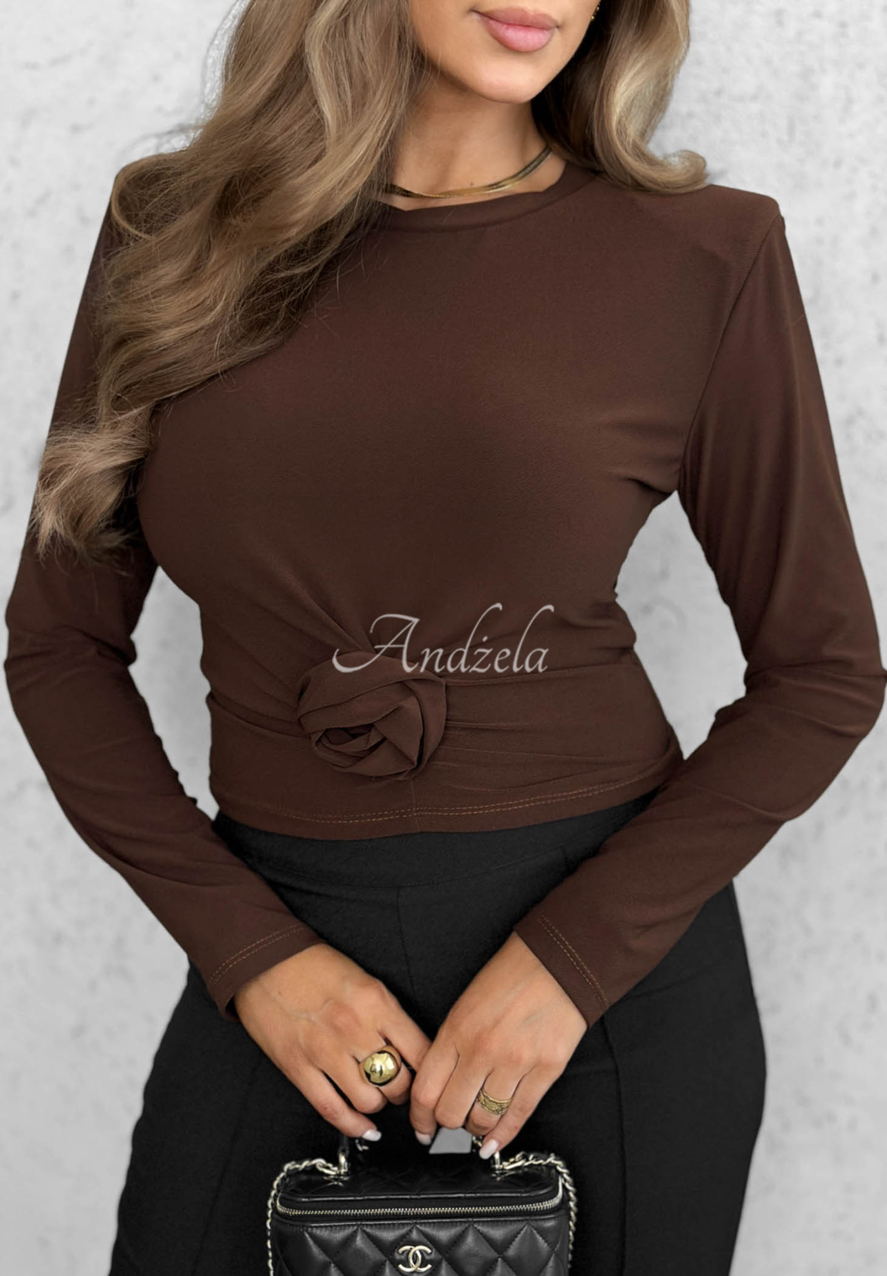 Langarmbluse mit Rose One Second Schokoladenbraun