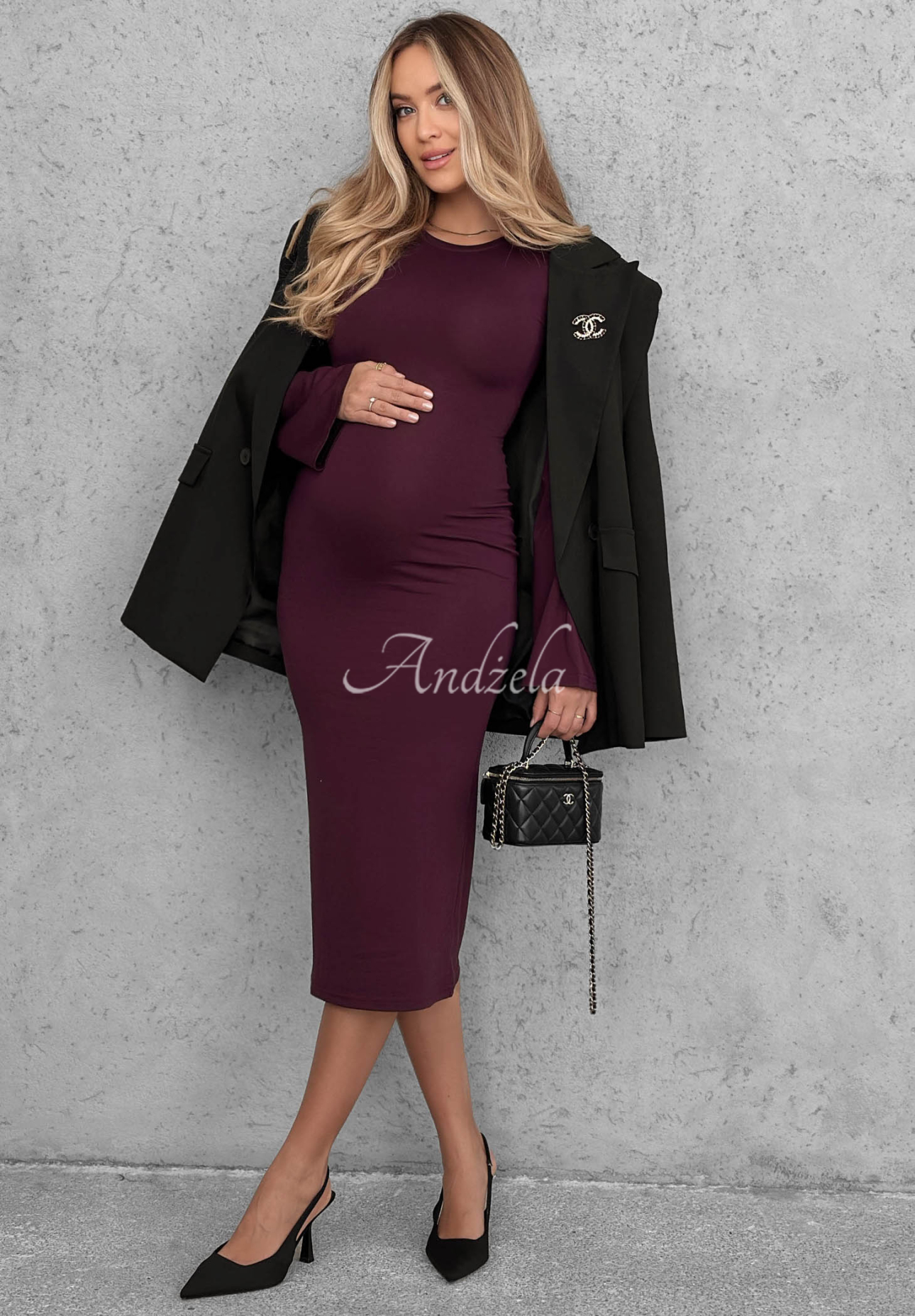 Viskose-Kleid mit langen Ärmeln und ausgestellten Ärmeln Champagne Nights Beerenfarben