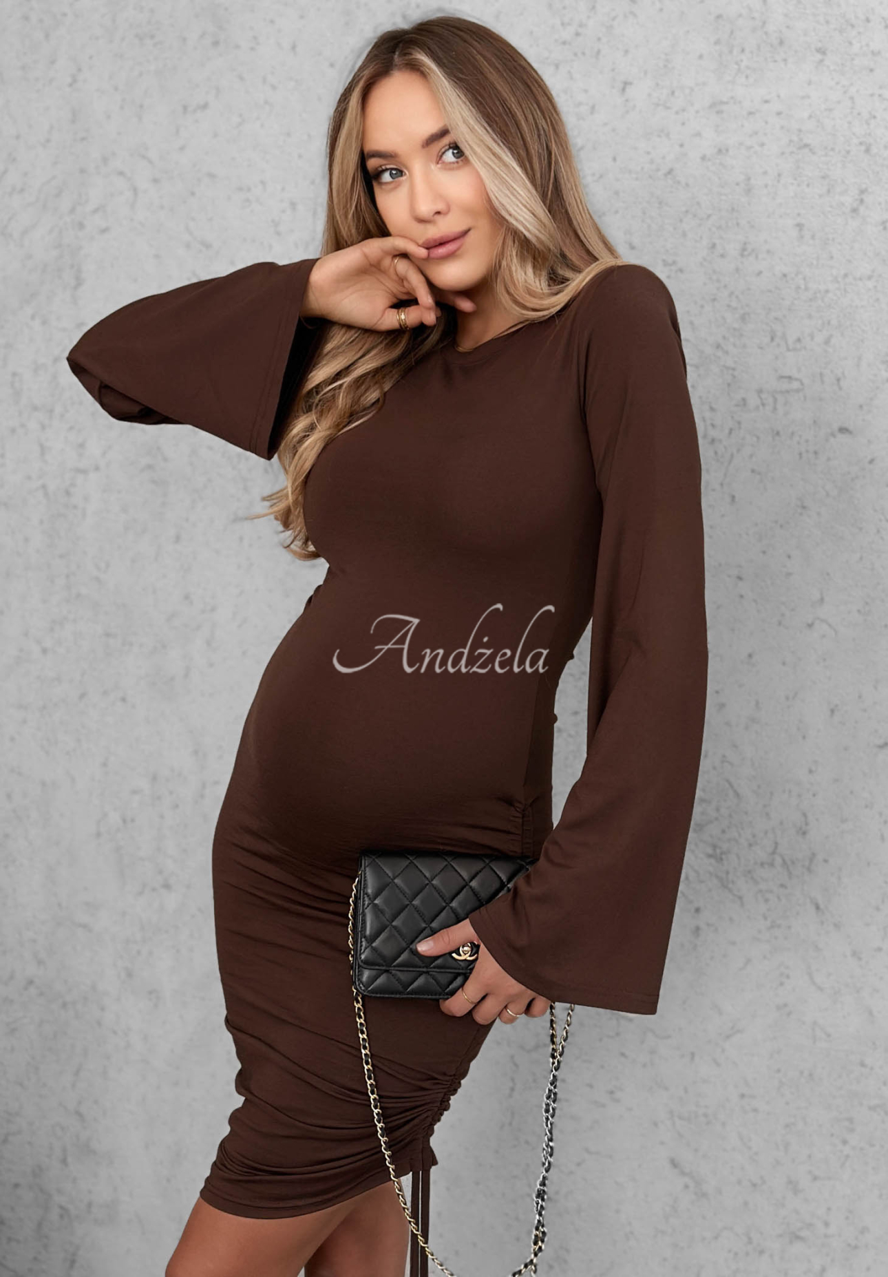 Viskose-Kleid mit ausgestellten Ärmeln und Kordelzüge Dancing Alone Schokoladenbraun