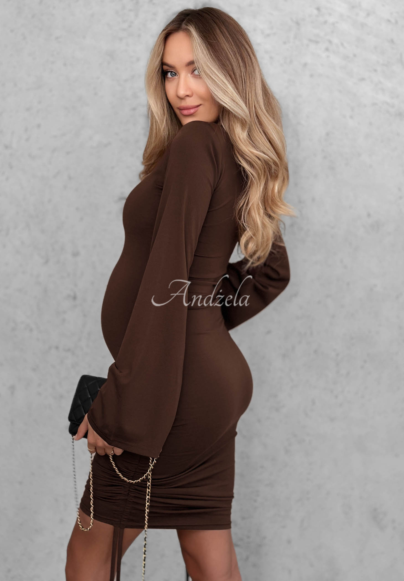 Viskose-Kleid mit ausgestellten Ärmeln und Kordelzüge Dancing Alone Schokoladenbraun