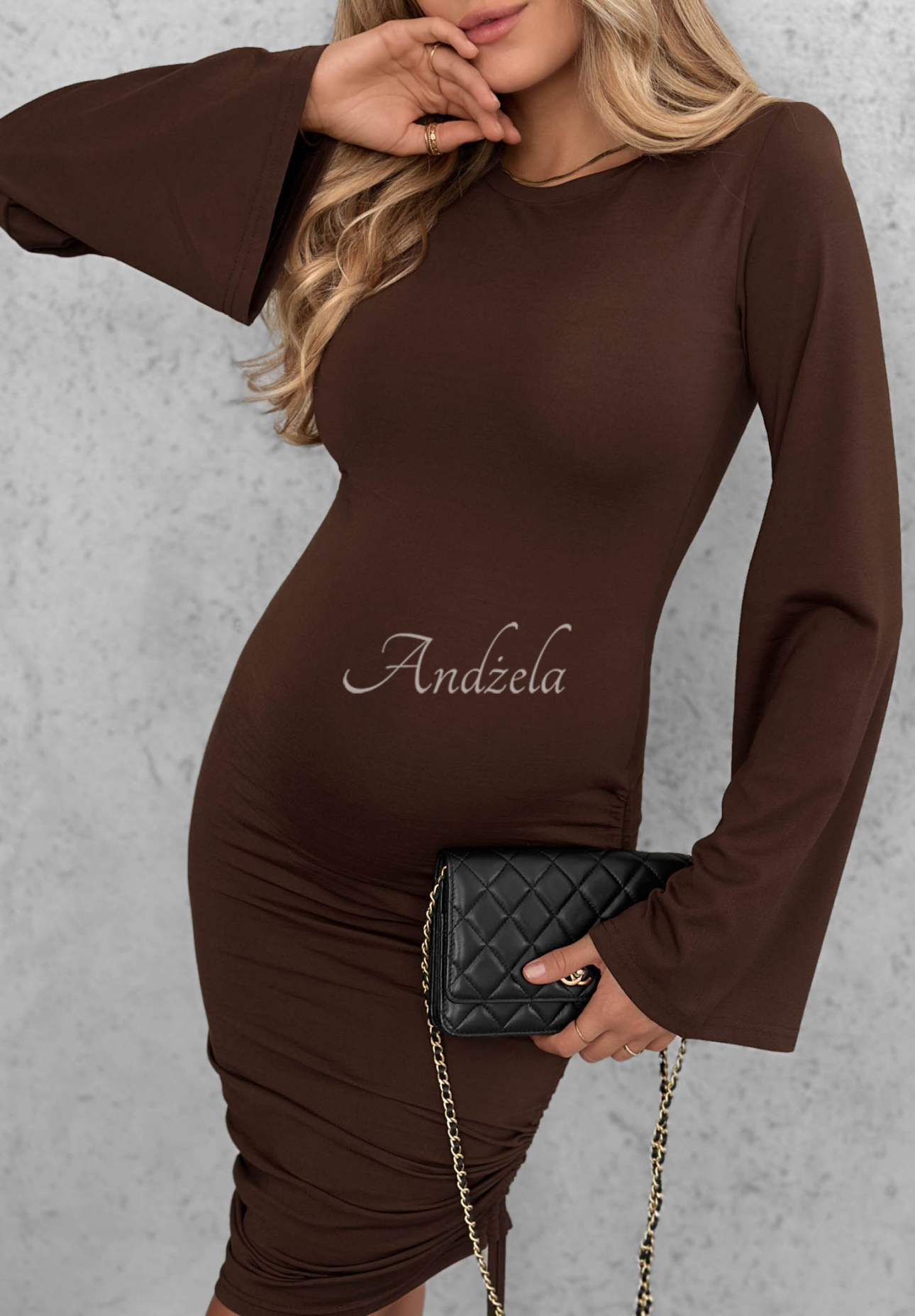 Viskose-Kleid mit ausgestellten Ärmeln und Kordelzüge Dancing Alone Schokoladenbraun