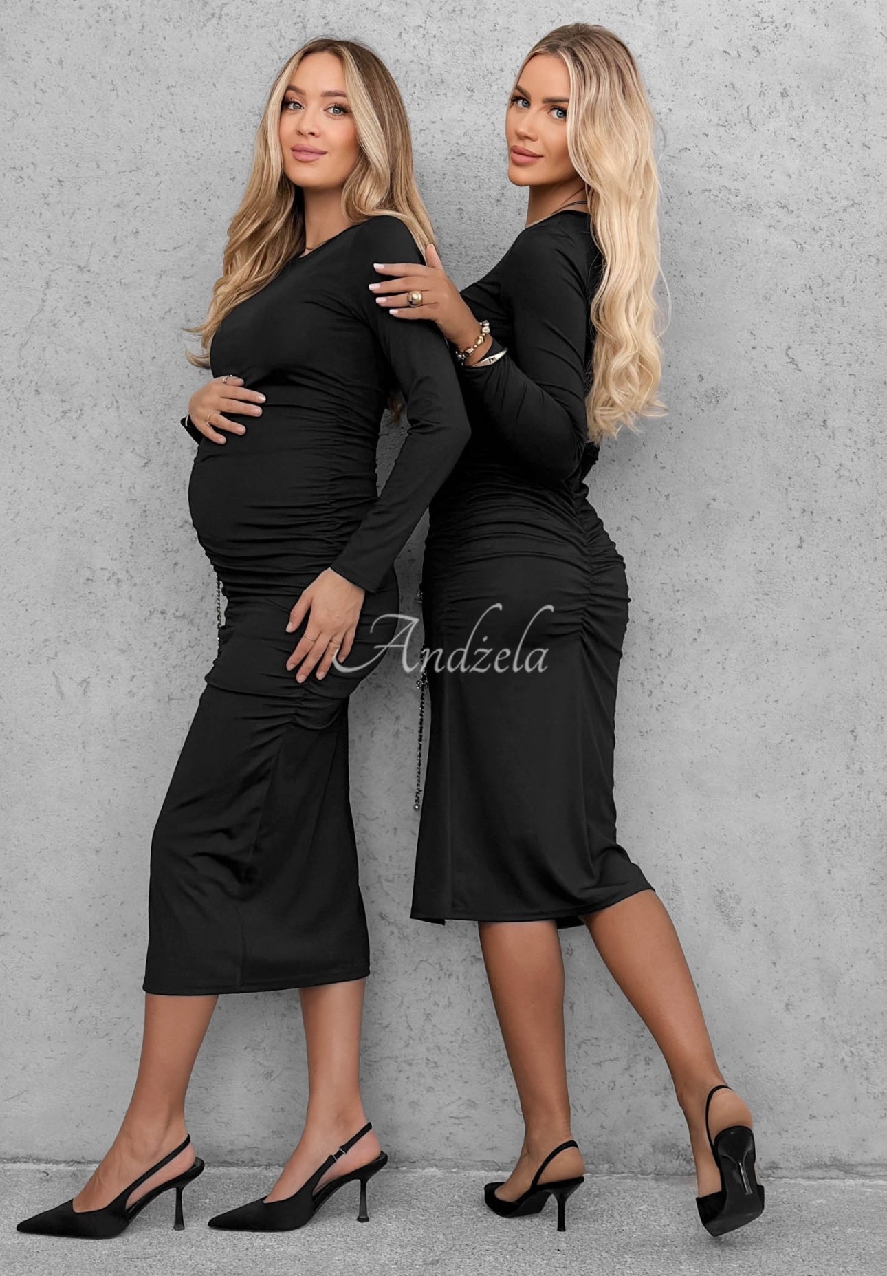 Langärmeliges Viskose-Kleid mit Raffungen Shadow Schwarz