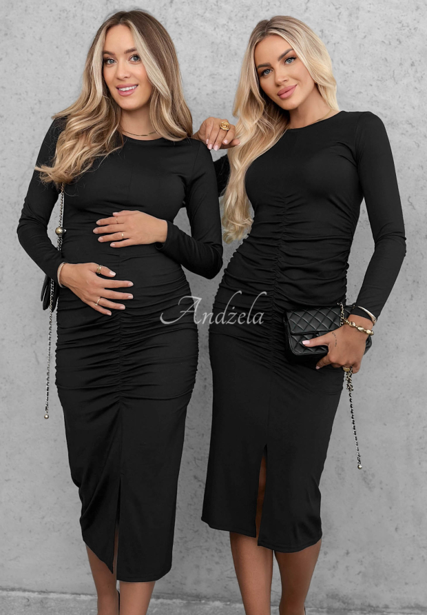 Lang&auml;rmeliges Viskose-Kleid mit Raffungen Shadow Schwarz