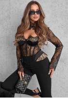 Gorsetowa Bluse z koronki z dekoltem Lace Kiss Schwarz