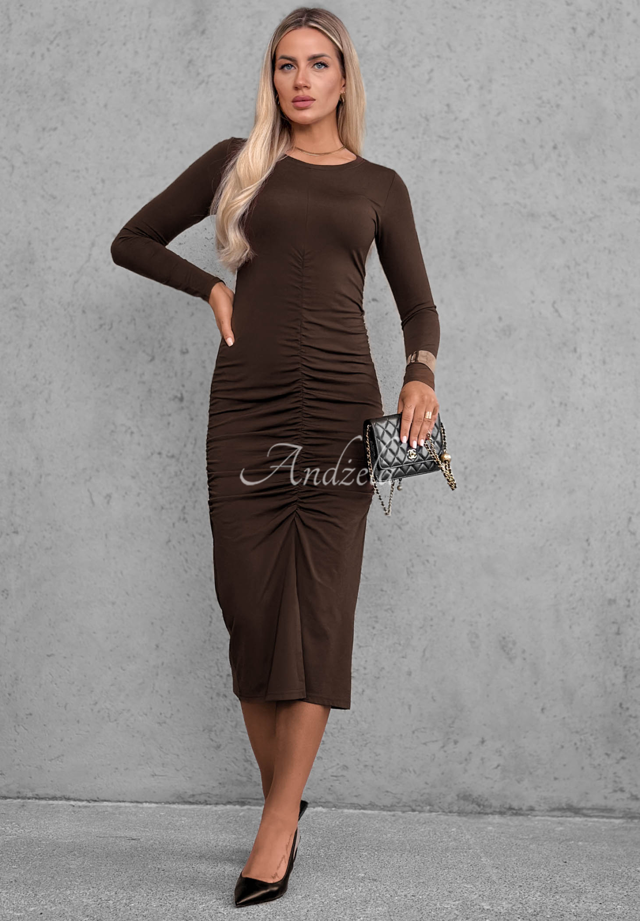 Langärmeliges Viskose-Kleid mit Raffungen Shadow Schokoladenbraun