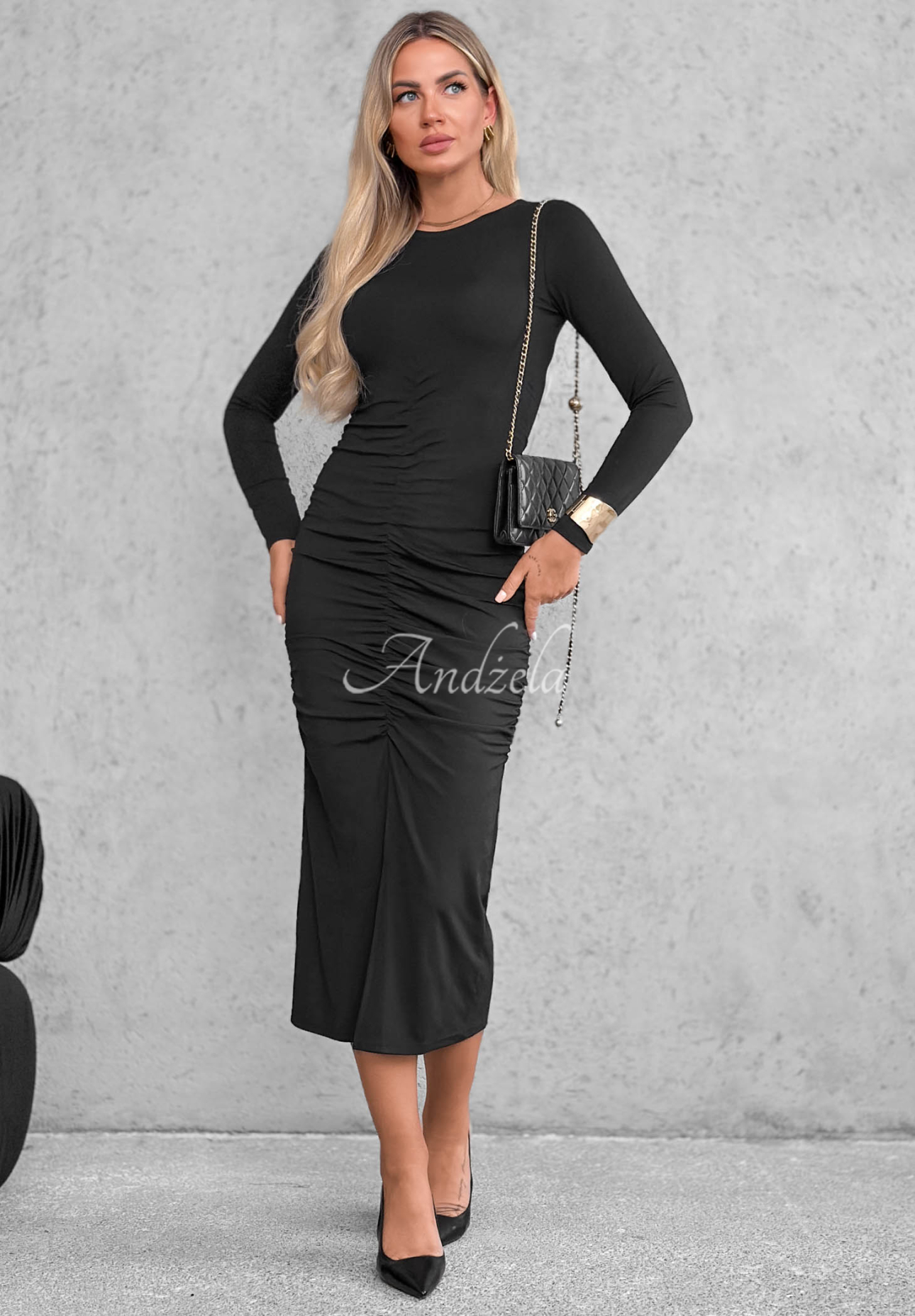 Langärmeliges Viskose-Kleid mit Raffungen Shadow Schwarz